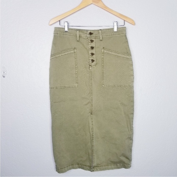 Anthropologie Olive Green Khaki Button-Front Midi Skirt - Picture 2 of 5